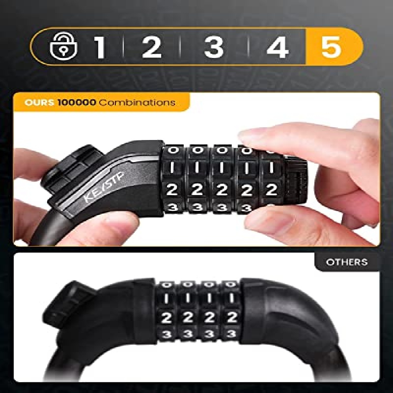 5-Dial Resettable Bicycle Lock -  Anti-Cut Cable Lock with Combination Code | Lightweight Security Chain for Mountain Bikes, E-Bikes, Scooters