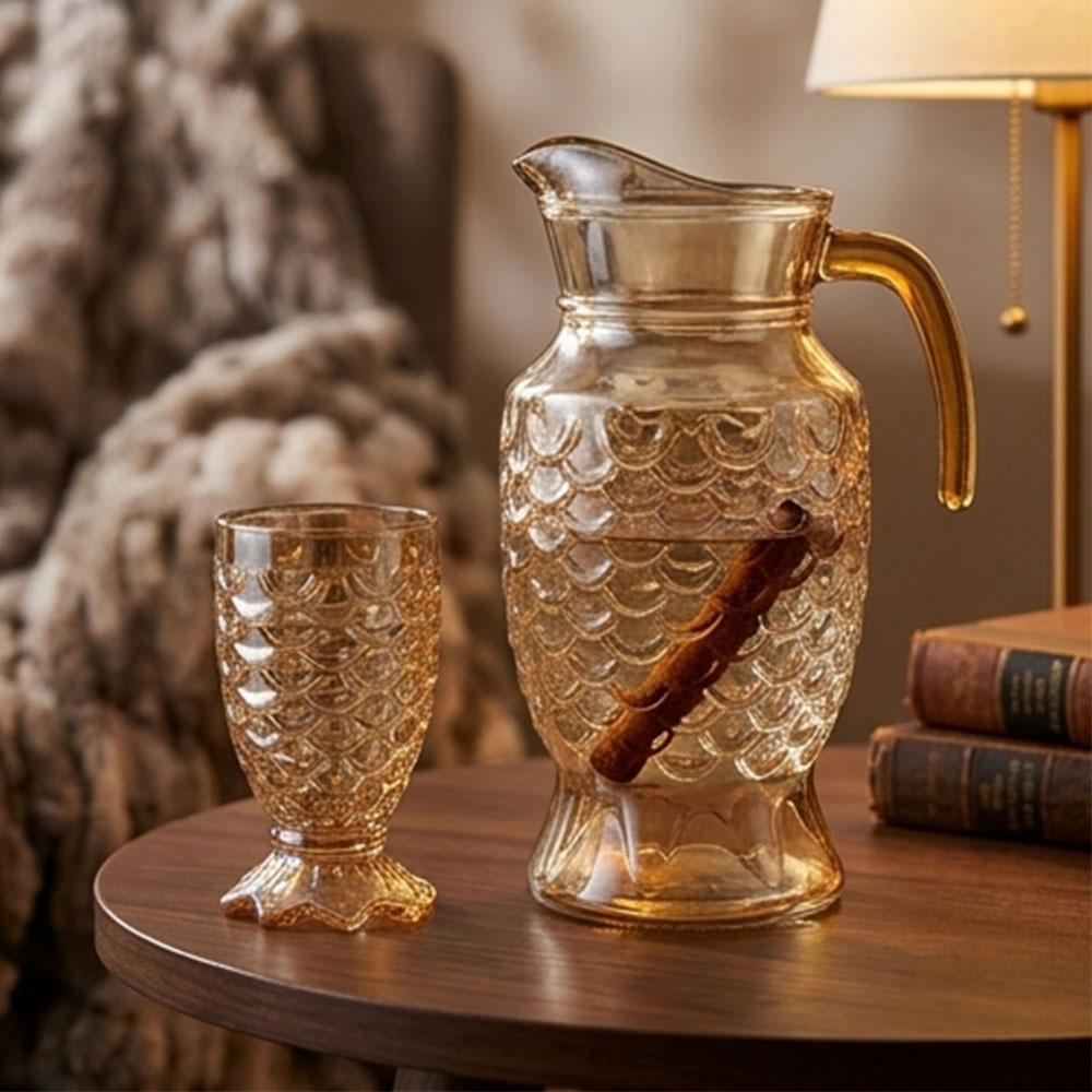 Glass Water Pitcher Set Clear Mermaid Tail Glass Cup Pineapple Pattern Heat Resistant Carafe for Home Dining Restaurant