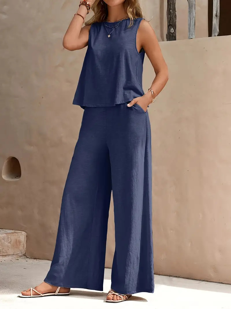 New Arrival Women's Clothing Solid Two-Piece Sets Round Neck Tank Top + Wide Leg Trousers Set, Elegant Casual Wear for Ladies African Fashion