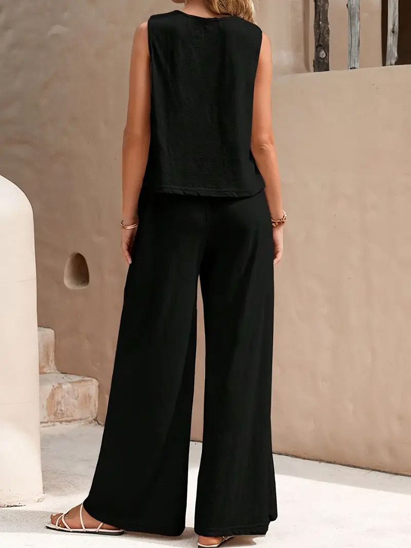 New Arrival Women's Clothing Solid Two-Piece Sets Round Neck Tank Top + Wide Leg Trousers Set, Elegant Casual Wear for Ladies African Fashion