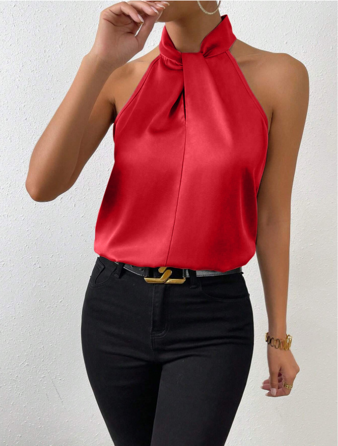 Summer new European and American women's top with neck hanging and sleeveless vest, satin ice silk women's T-shirt top