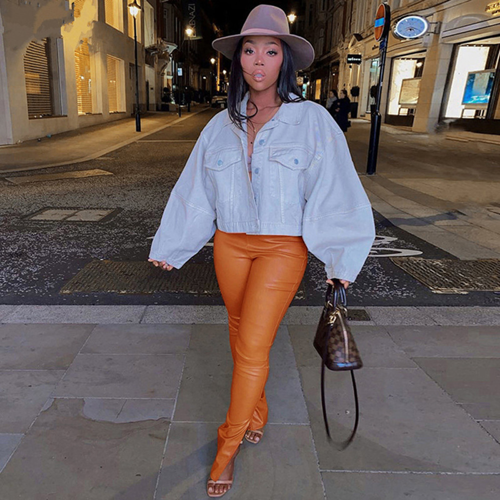 Solid Women Faux Leather Pant Side Slit Pencil Trousers Streetwear Elegant High Waist Office Lady Vintage Leisure Pants