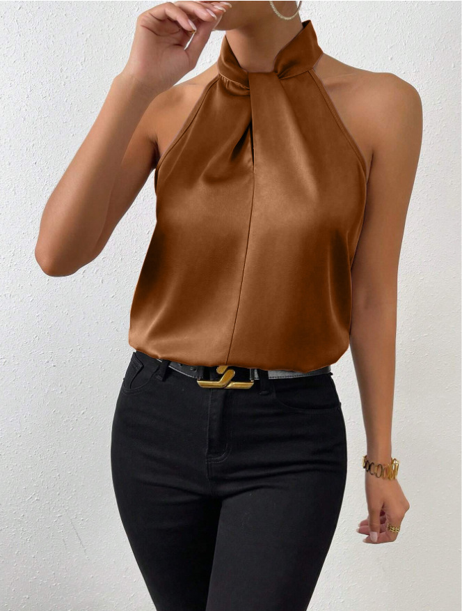 Summer new European and American women's top with neck hanging and sleeveless vest, satin ice silk women's T-shirt top