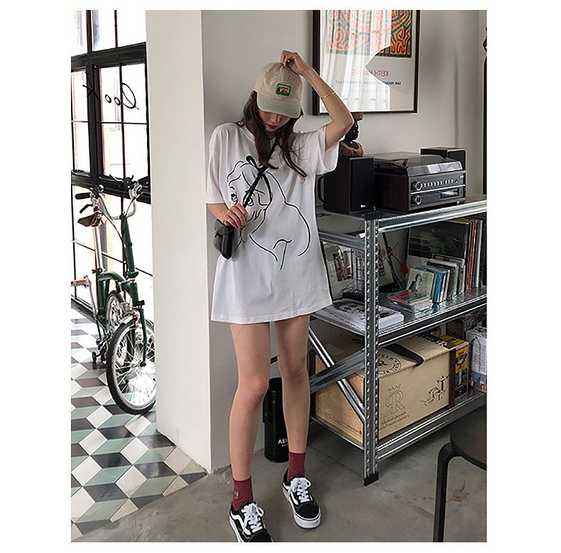 Fashion summer new printed mid-length short-sleeved T-shirt women loose tops ins women's clothing