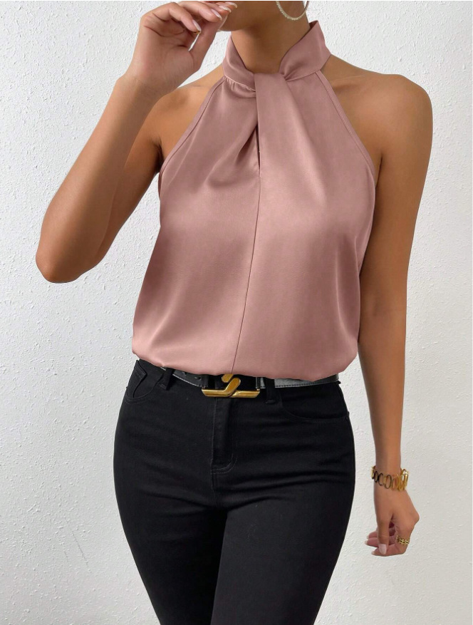 Summer new European and American women's top with neck hanging and sleeveless vest, satin ice silk women's T-shirt top