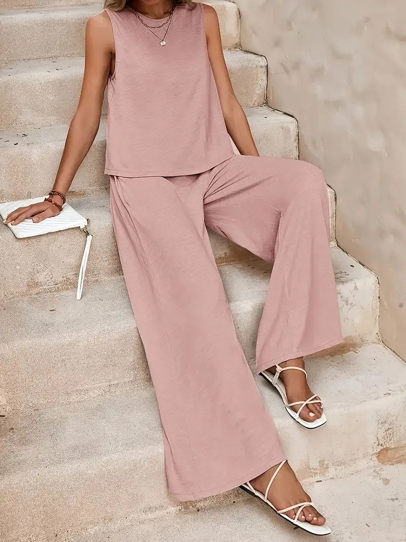 New Arrival Women's Clothing Solid Two-Piece Sets Round Neck Tank Top + Wide Leg Trousers Set, Elegant Casual Wear for Ladies African Fashion