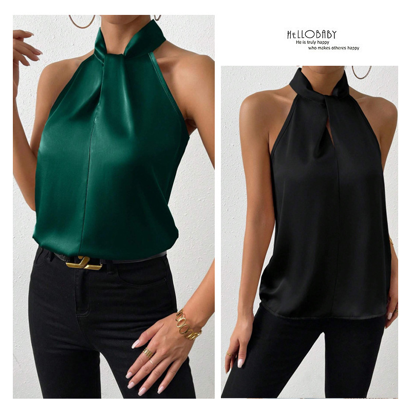 Summer new European and American women's top with neck hanging and sleeveless vest, satin ice silk women's T-shirt top