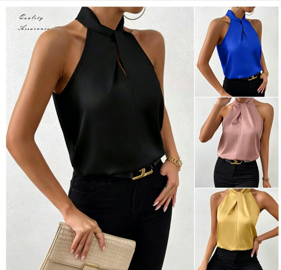 Summer new European and American women's top with neck hanging and sleeveless vest, satin ice silk women's T-shirt top
