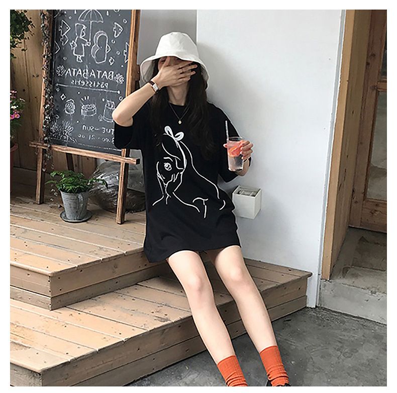 Fashion summer new printed mid-length short-sleeved T-shirt women loose tops ins women's clothing