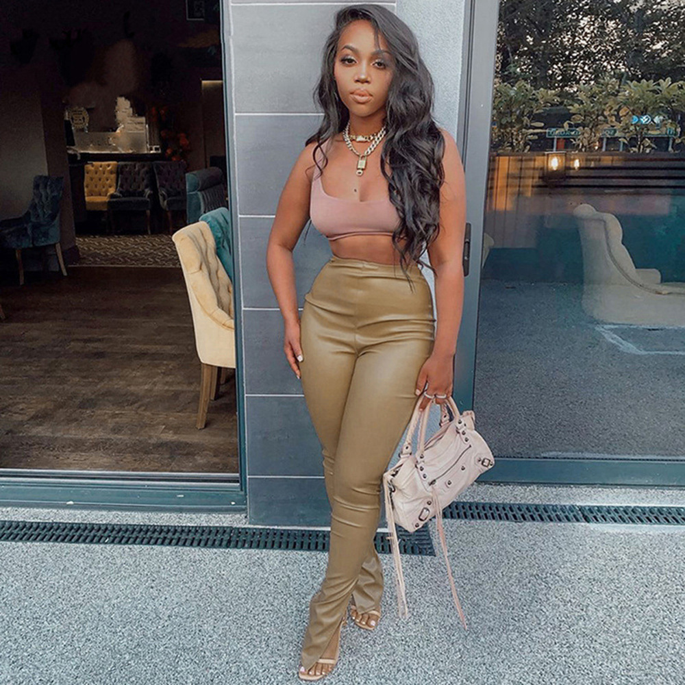 Solid Women Faux Leather Pant Side Slit Pencil Trousers Streetwear Elegant High Waist Office Lady Vintage Leisure Pants