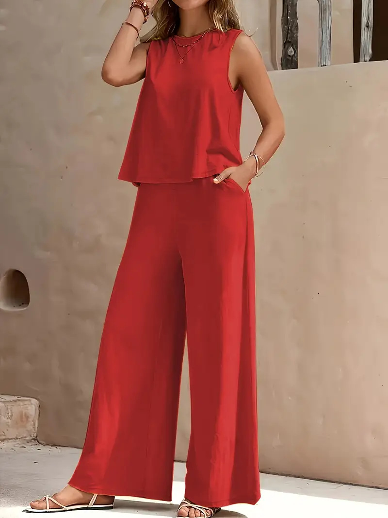 New Arrival Women's Clothing Solid Two-Piece Sets Round Neck Tank Top + Wide Leg Trousers Set, Elegant Casual Wear for Ladies African Fashion