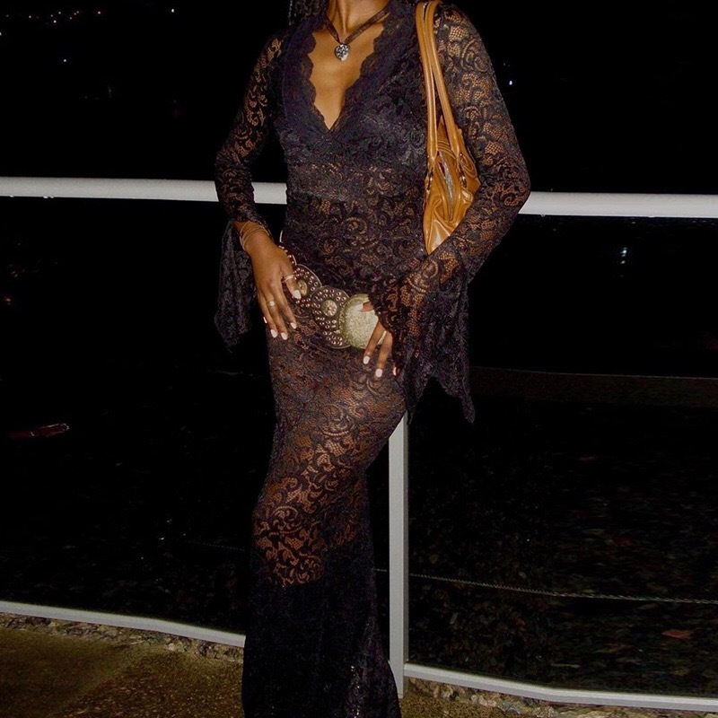 Mesh Floral Print V Neck Long Flare Sleeve Sexy See Through Maxi Dress Women Fashion Clothing Beach Vacation Club Y2K