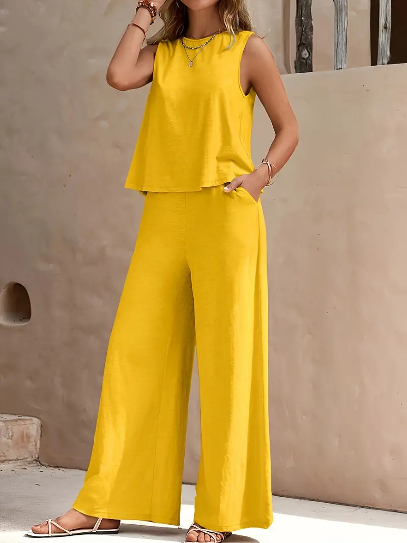 New Arrival Women's Clothing Solid Two-Piece Sets Round Neck Tank Top + Wide Leg Trousers Set, Elegant Casual Wear for Ladies African Fashion