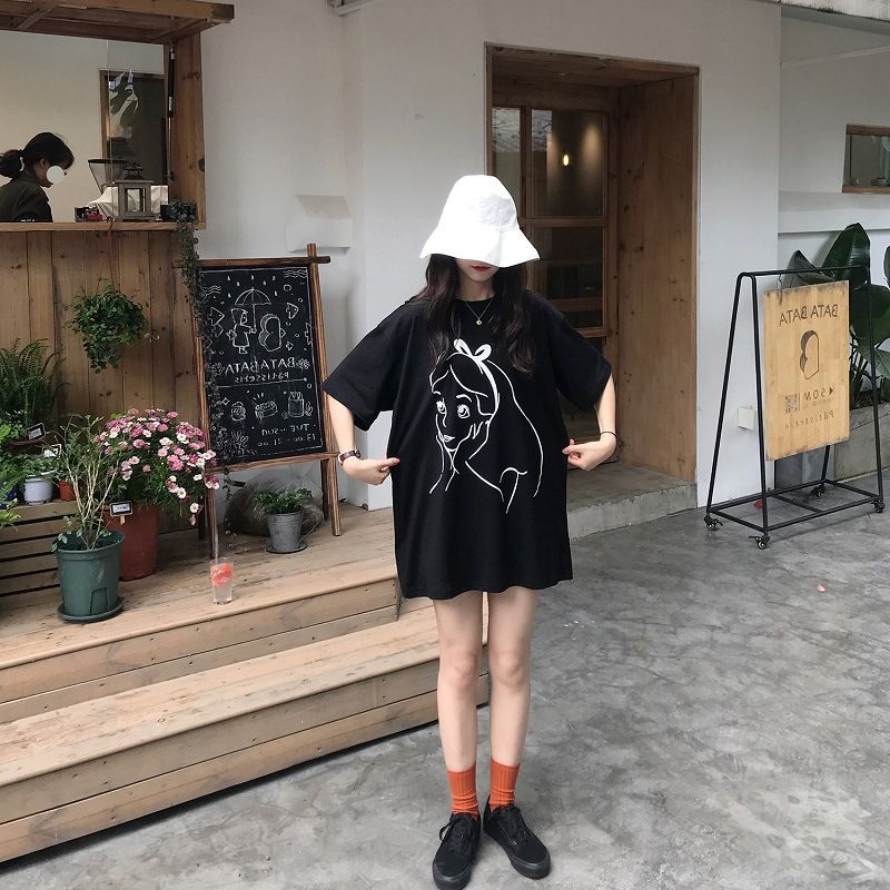 Fashion summer new printed mid-length short-sleeved T-shirt women loose tops ins women's clothing