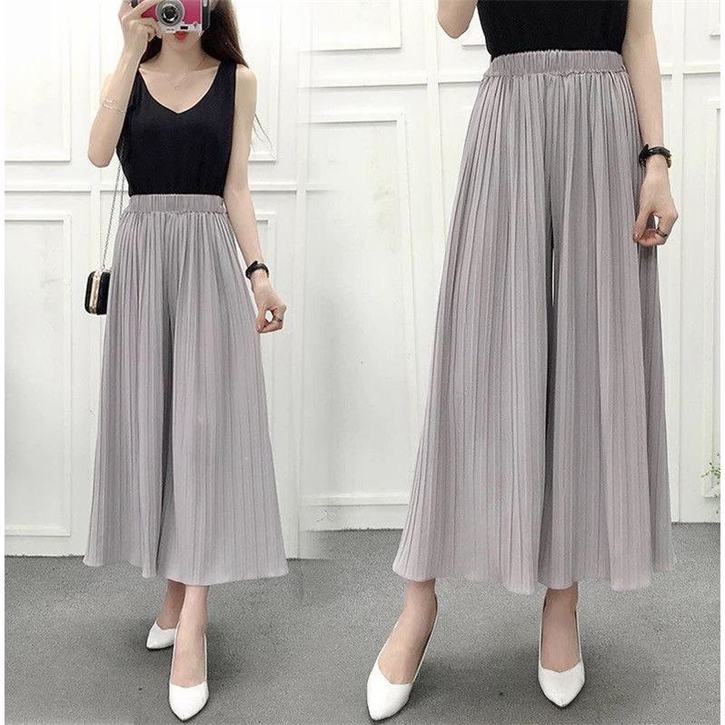 Women Pant High Waist Ruffled Large Size Chiffon Wide Leg Pants Women Pleated Loose Pants Lady Summer Trousers