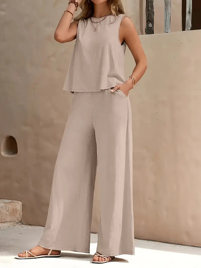 New Arrival Women's Clothing Solid Two-Piece Sets Round Neck Tank Top + Wide Leg Trousers Set, Elegant Casual Wear for Ladies African Fashion