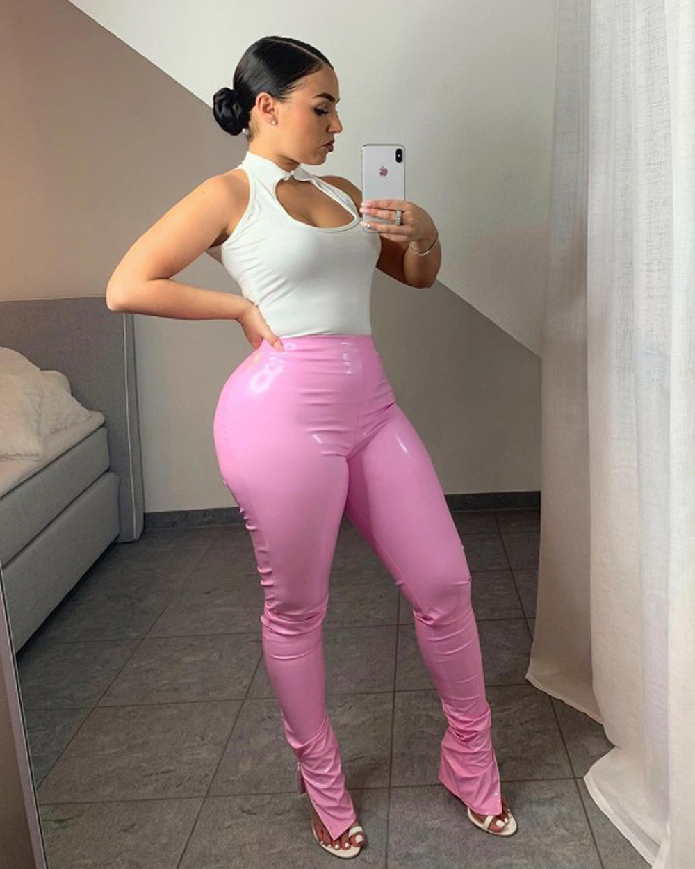 Solid Women Faux Leather Pant Side Slit Pencil Trousers Streetwear Elegant High Waist Office Lady Vintage Leisure Pants