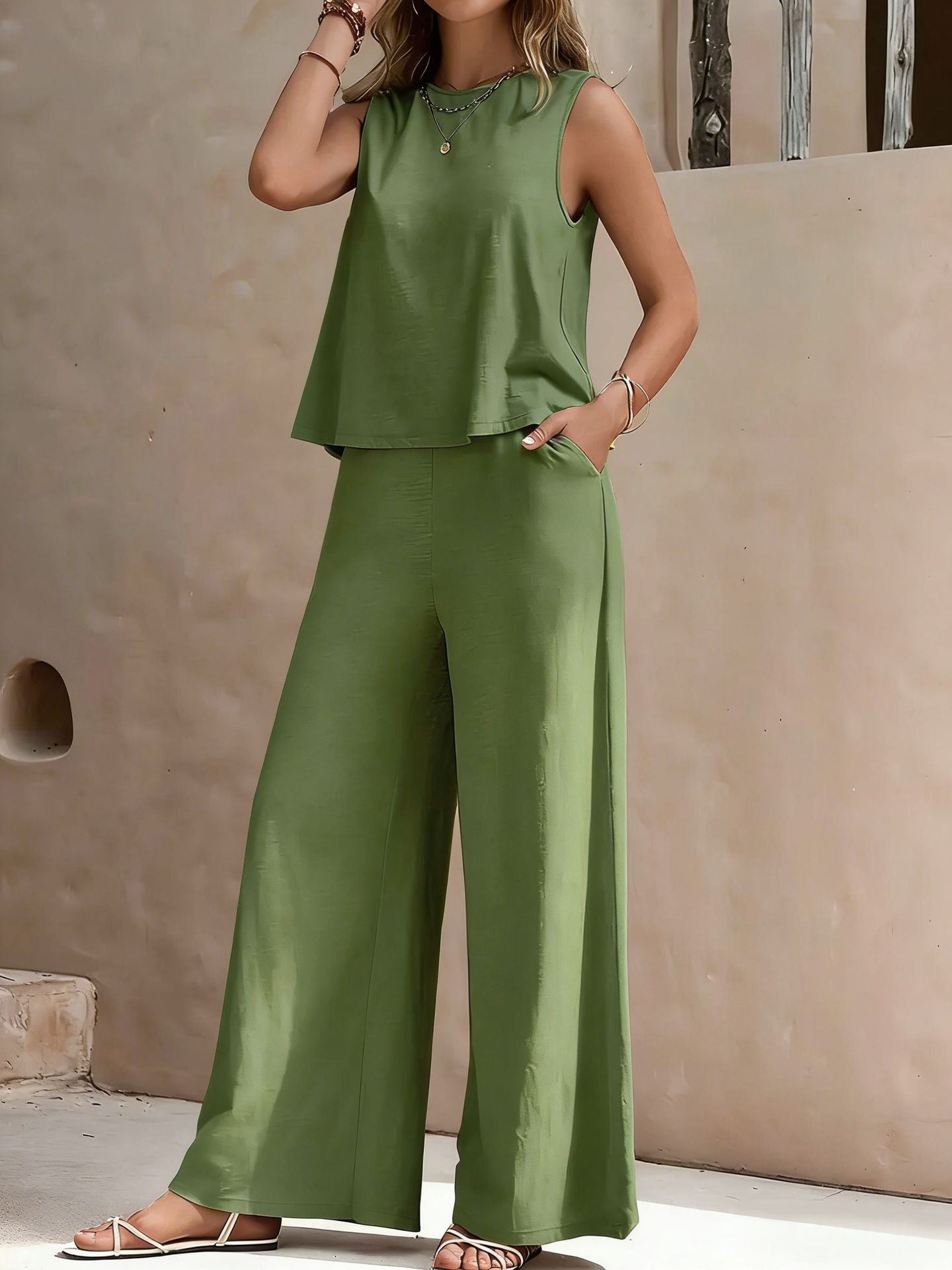 New Arrival Women's Clothing Solid Two-Piece Sets Round Neck Tank Top + Wide Leg Trousers Set, Elegant Casual Wear for Ladies African Fashion