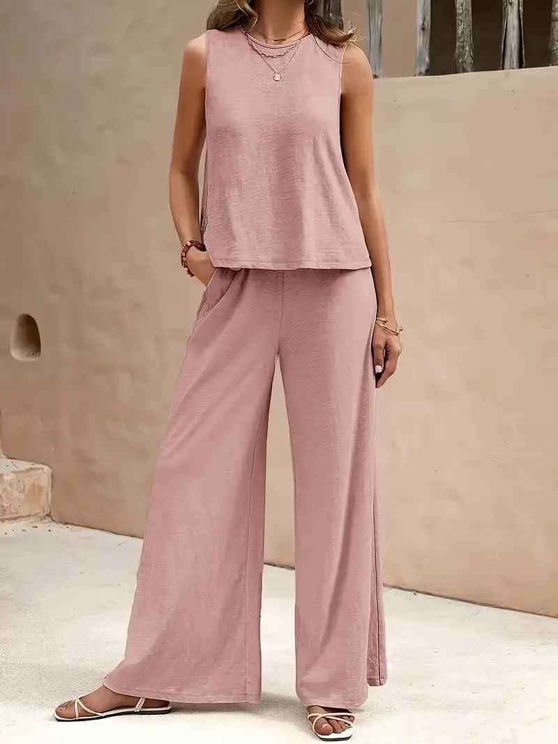 New Arrival Women's Clothing Solid Two-Piece Sets Round Neck Tank Top + Wide Leg Trousers Set, Elegant Casual Wear for Ladies African Fashion