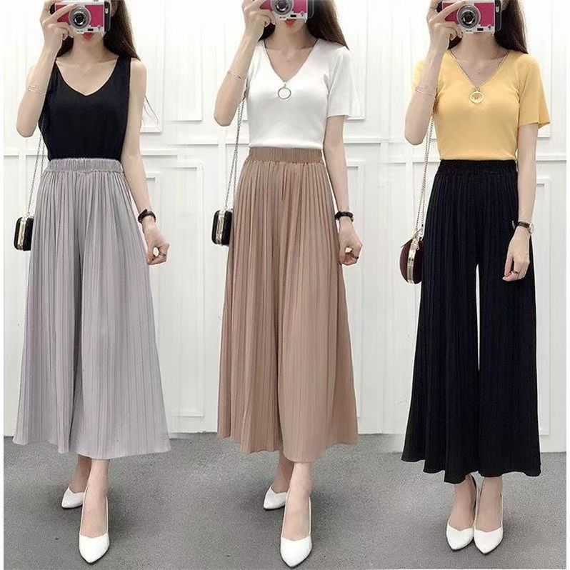 Women Pant High Waist Ruffled Large Size Chiffon Wide Leg Pants Women Pleated Loose Pants Lady Summer Trousers