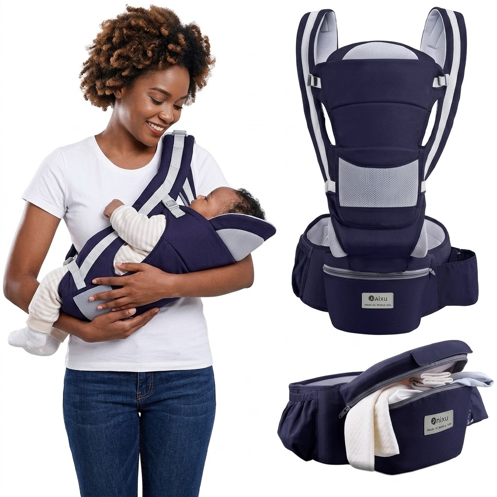 Premium  6 in 1 Baby Carrier With Hipseat & Storage Pockets – 100% Breathable Cotton, M-Shape Safety Hip Support, Foldable Head Protection For Newborn To Toddler