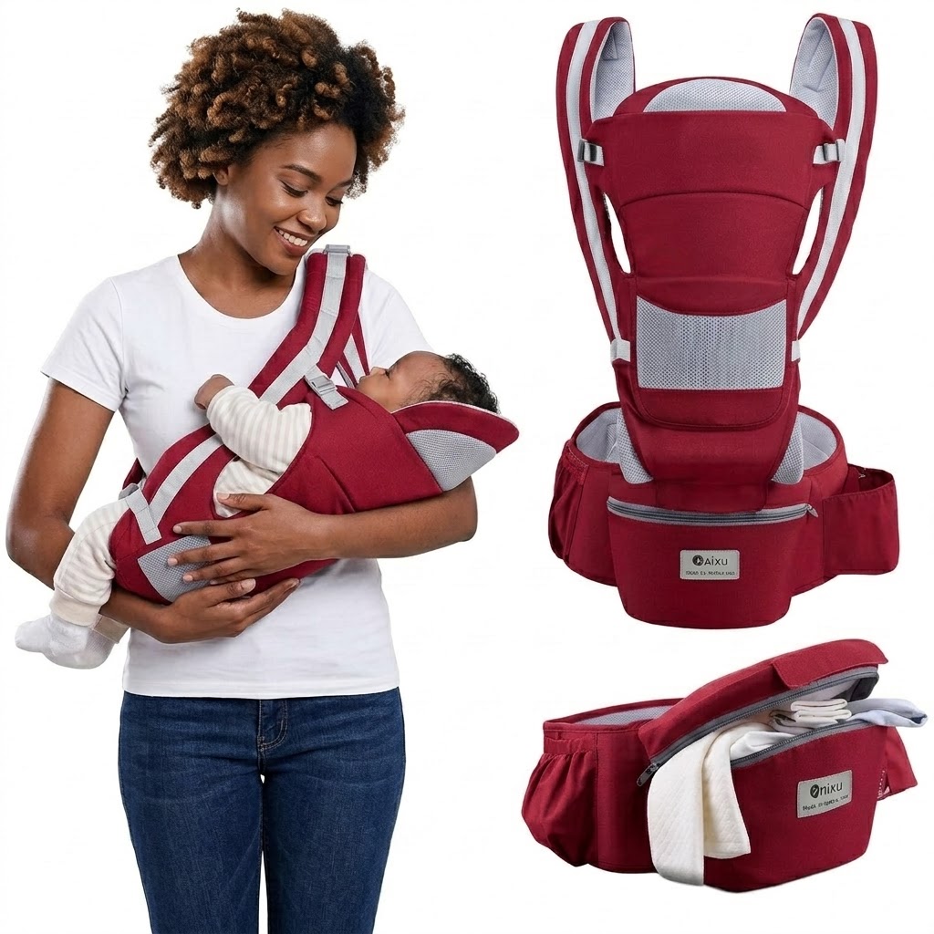Premium  6 in 1 Baby Carrier With Hipseat & Storage Pockets – 100% Breathable Cotton, M-Shape Safety Hip Support, Foldable Head Protection For Newborn To Toddler