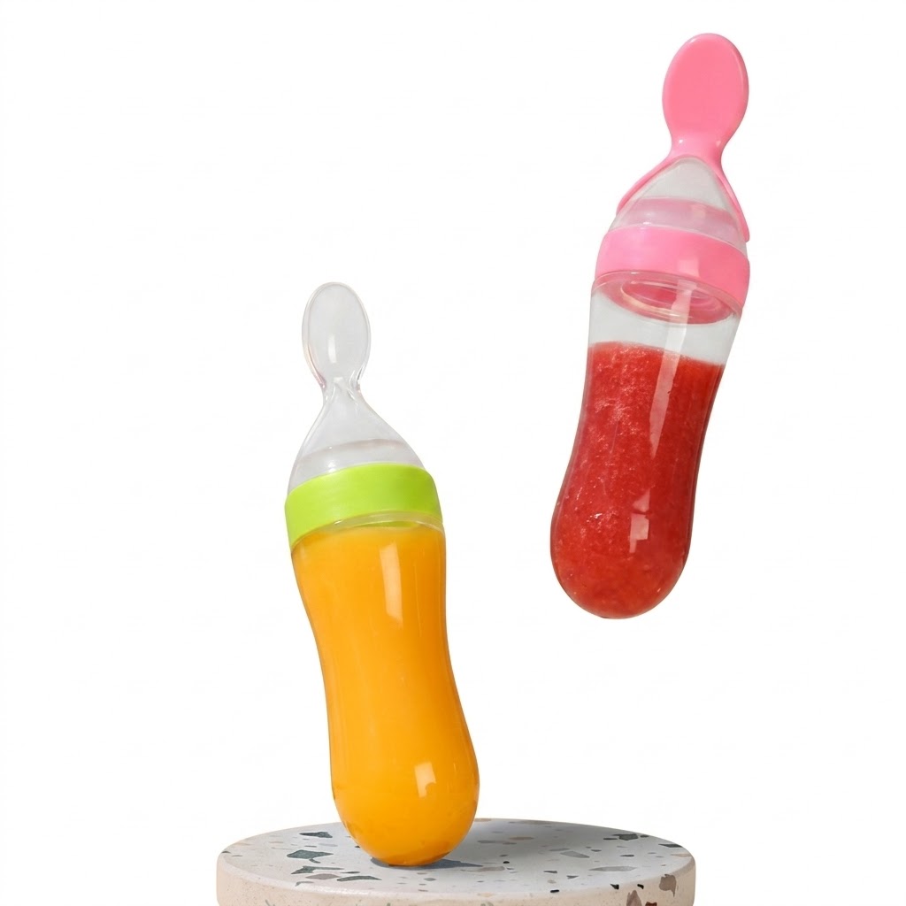 Silicone Baby Food Feeder Spoon Bottle – 2-in-1 Squeeze Feeding Bottle Dispenser For Infant Fruit Puree, Rice Cereal & Porridge, BPA-Free Streamline Design For 0-12 Months