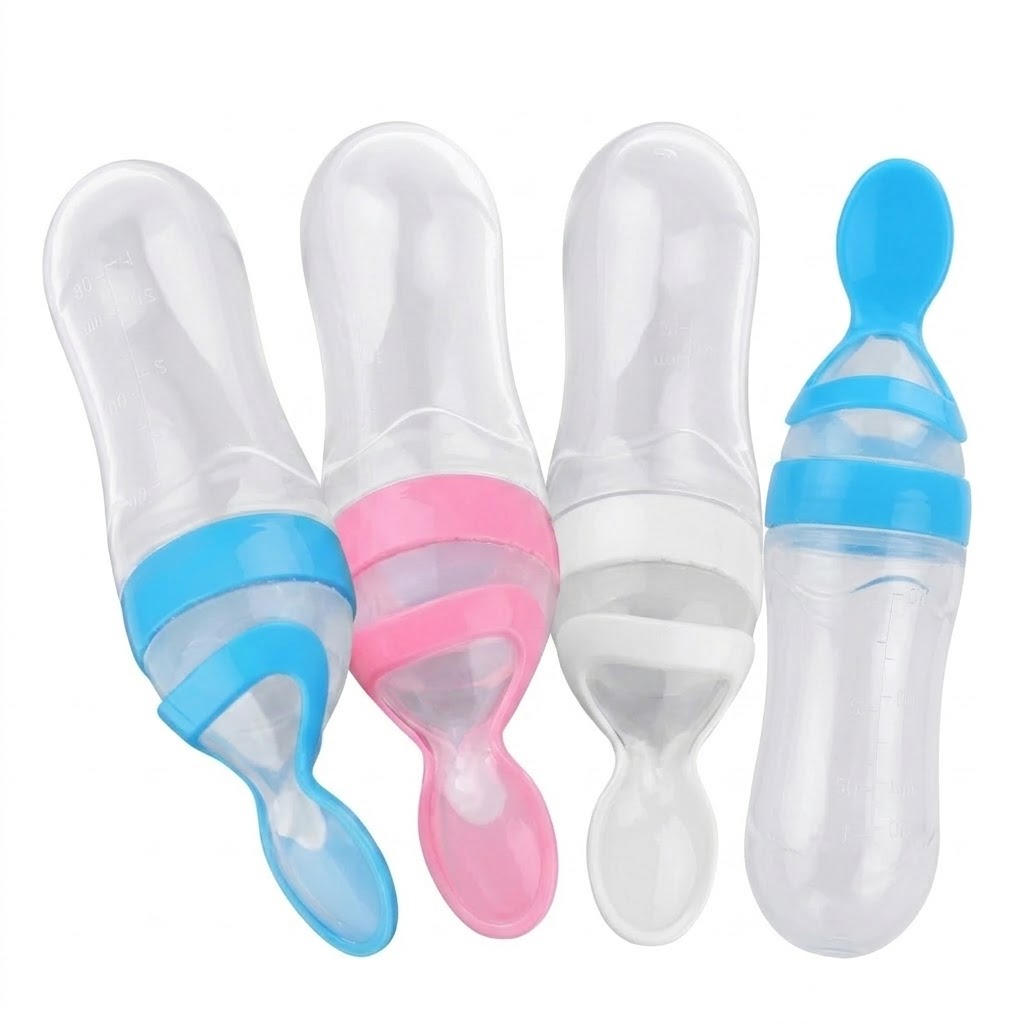 Silicone Baby Food Feeder Spoon Bottle – 2-in-1 Squeeze Feeding Bottle Dispenser For Infant Fruit Puree, Rice Cereal & Porridge, BPA-Free Streamline Design For 0-12 Months