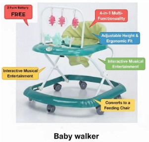 4-in-1 Baby Walker with Parent Push Handle – Adjustable Height & Musical Activity Tray – Converts to Feeding Chair + FREE Batteries