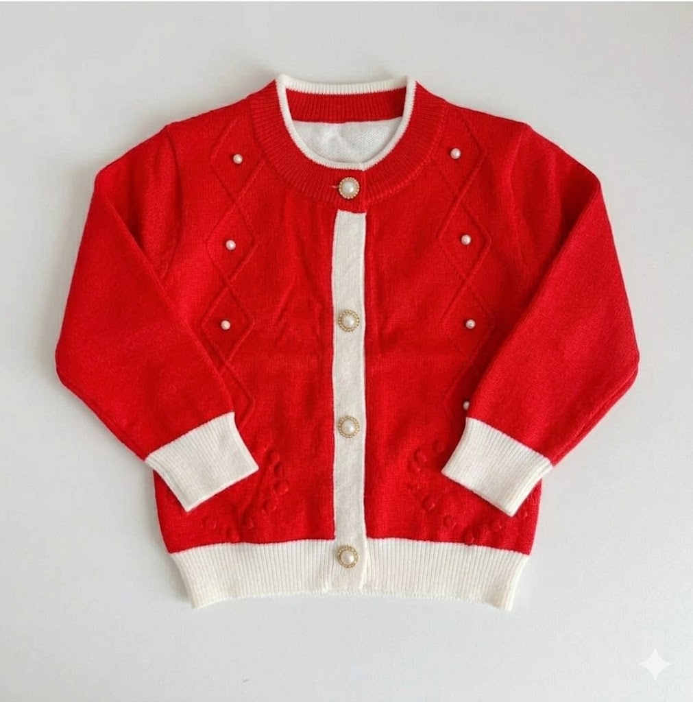 Premium Quality Girls' Button-Down Knit Sweater with Pearl Details
