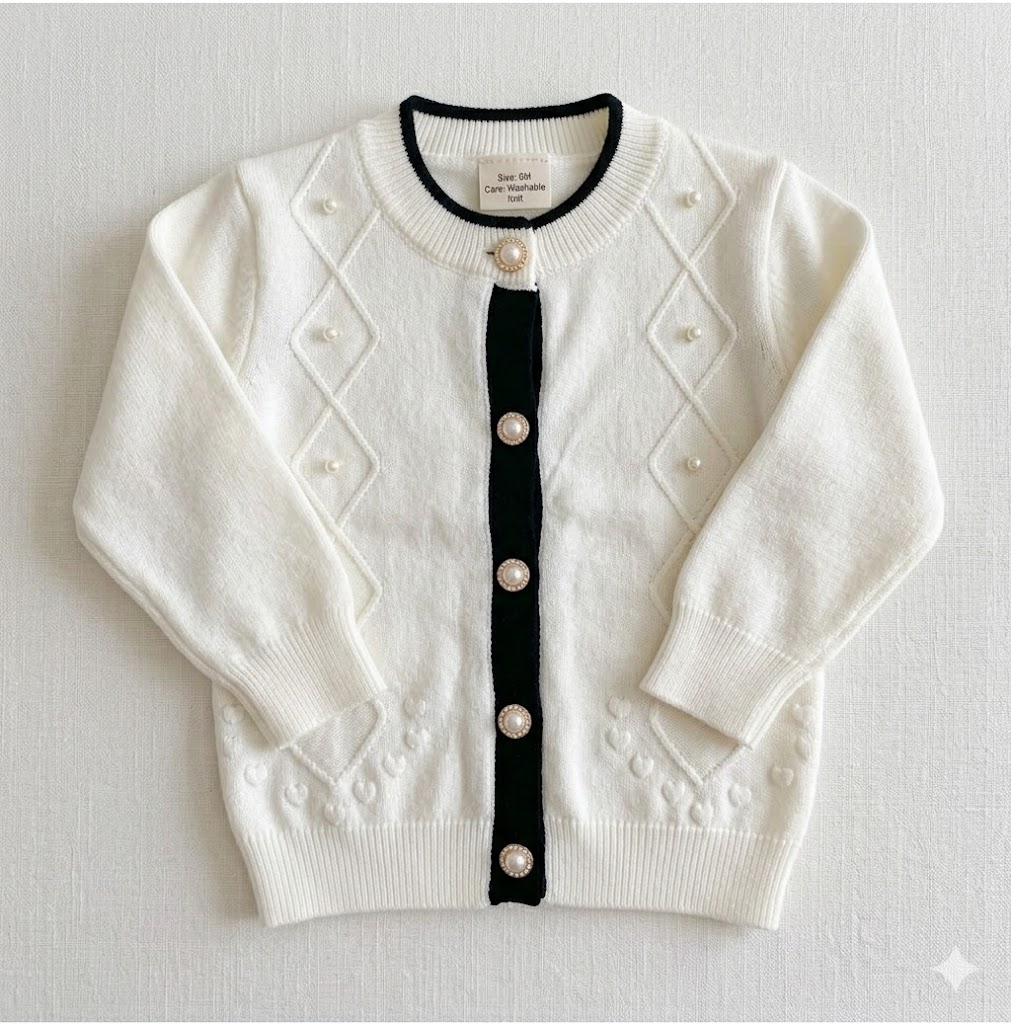Premium Quality Girls' Button-Down Knit Sweater with Pearl Details