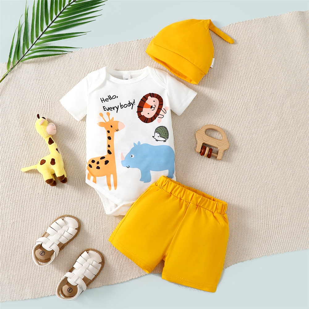 0-2 Year Old Baby Boy Cartoon Animal Print Short Sleeve Romper + Shorts + Hat 3-Piece Set, Bright Colors, Fun Design for Daily Wear & Outings