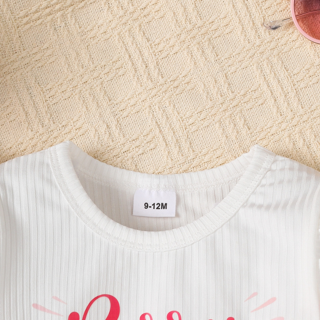 【6M-3Y】 Strawberry Print 2-Piece Set for Baby Girls: Ribbed Ruffle Top with "Berry 1st Birthday" Lettering + White Flare Pants with Bows – Sweet Autumn Outfit