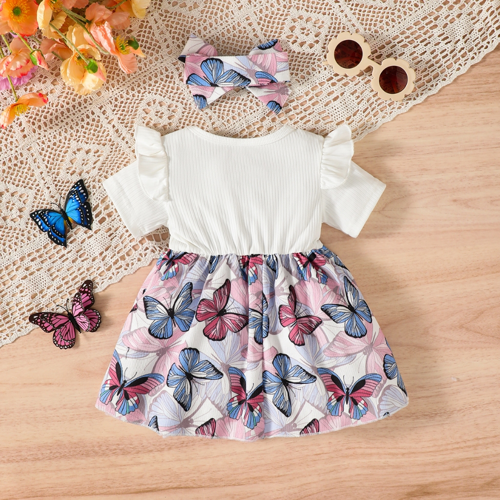 【 3-24 months 】 Girl's Blue Pink Butterfly Dress Set | Strap Skirt+White T-shirt jumpsuit | Sweet Princess Style | Baby Summer Dressing