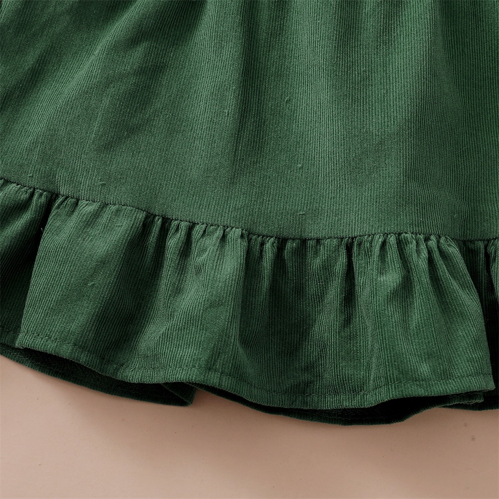 【1-9M】 3PCS Baby Girl Outfit: Floral Print Ruffle-Sleeve Bodysuit + Green Ruffle Suspender Skirt + Matching Headband – Spring & Autumn Daily Set