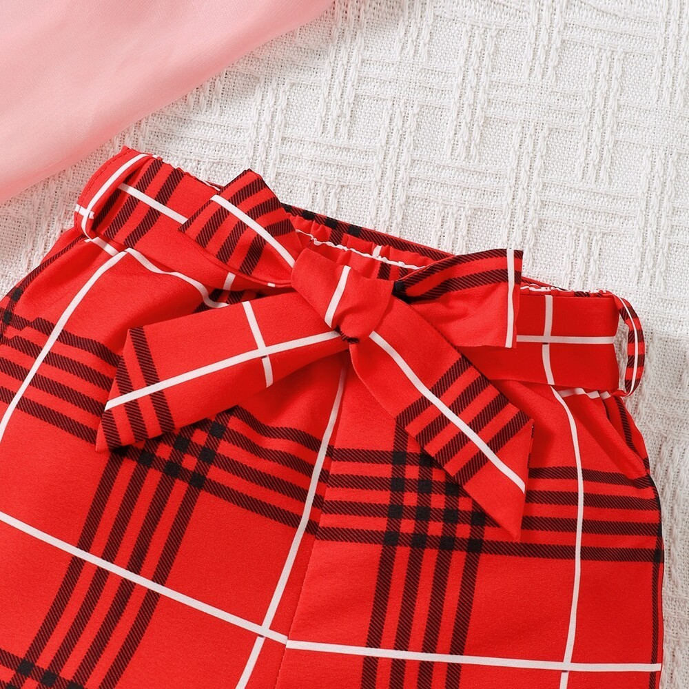 3-24 Months Toddlers Baby Girl 2PCS  Suit Set Short Sleeved Black Fly Sleeve Plaid Bow Print Shirt with Shorts Fashion  for Kid Girl Casual Costumes