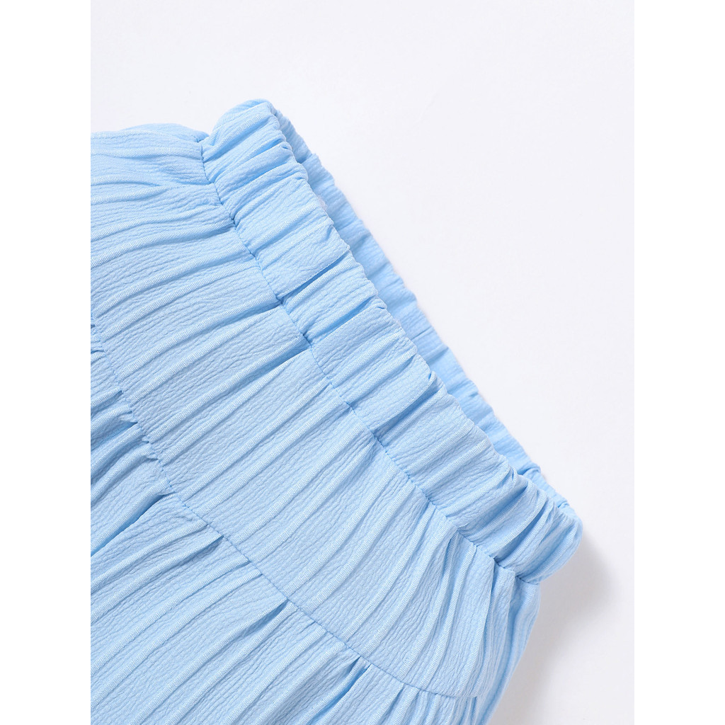 【3-24M】 2PCS Baby Girl Summer Outfit: Light Blue Ribbed Cami Top with Ruffle Trim & Faux Buttons + Matching Ruffle Shorts – Cute Casual Holiday Set
