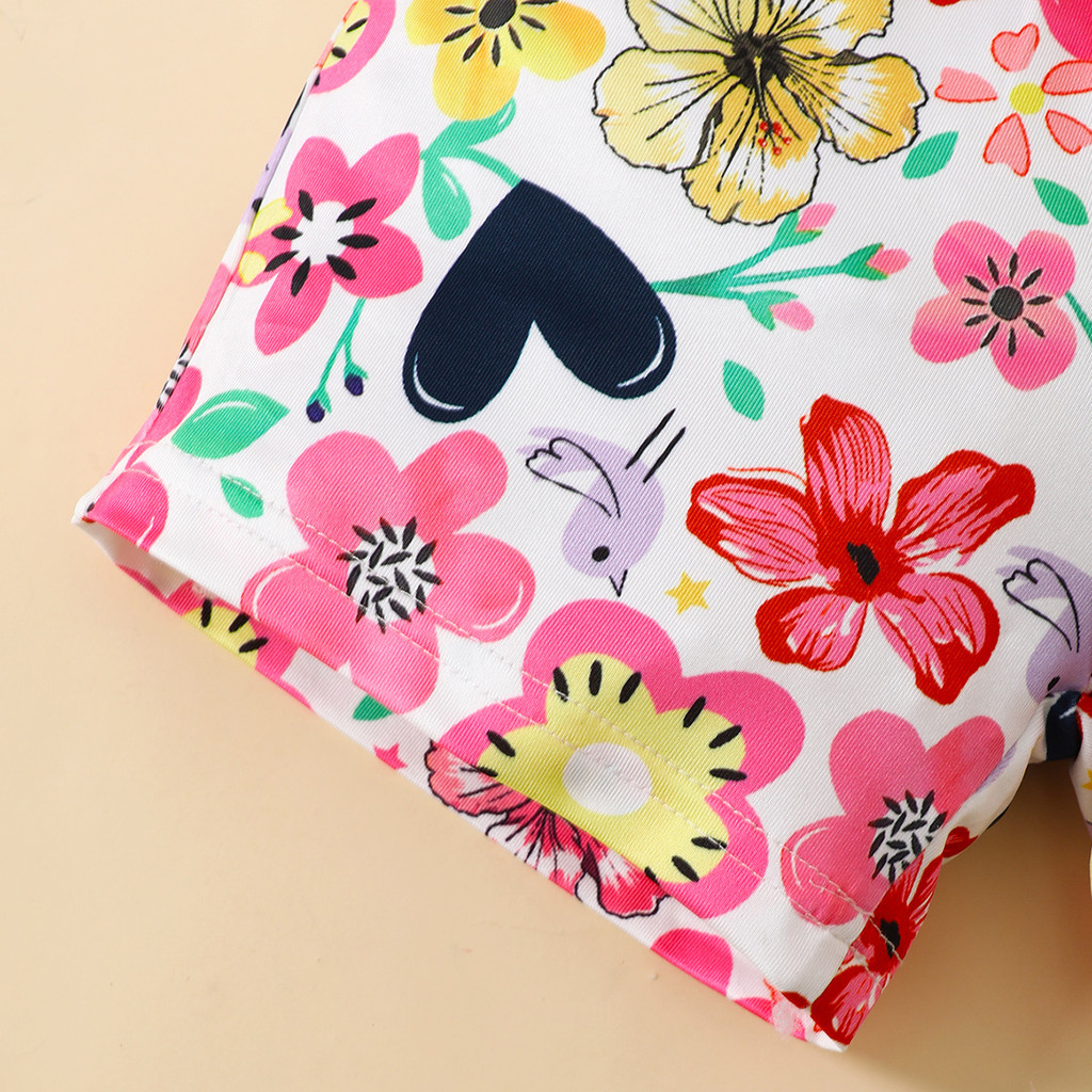 【6M-3Y】 Toddler Baby Girl 2-Piece Summer Set | Ribbed Off-Shoulder Top with Bows + Floral Print Shorts - Cute Casual Outfit