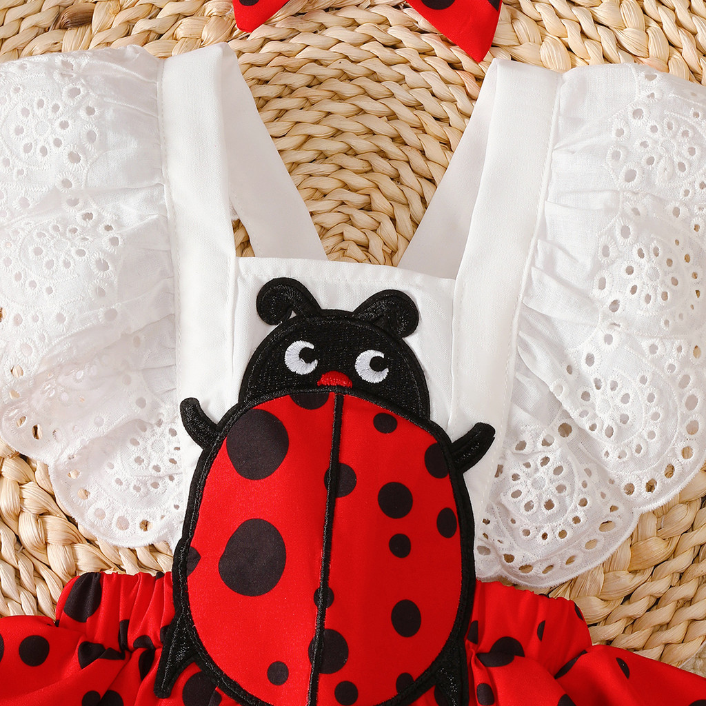 0-2 Years Girls' White & Red Lace-Trimmed Romper with Detachable Bow for Daily Wear & Special Occasions