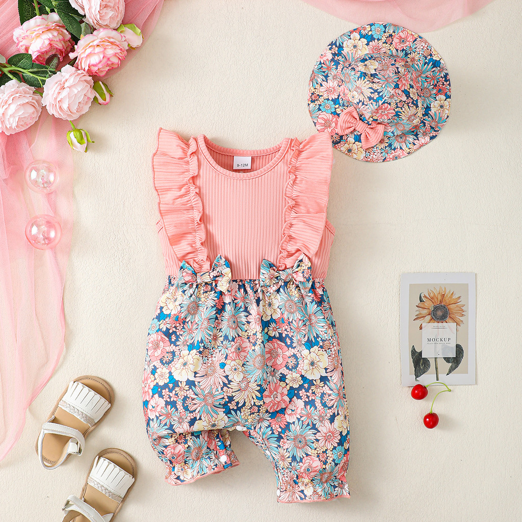 1-12Months Newborn Baby Girl 2pcs Clothing Set Sleeveless Ruffle Floral Romper with Hat Fashion Cute Style Daily Outfit