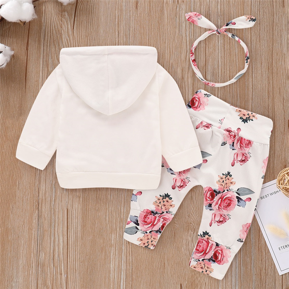0-2 Years Girls' Floral Print Hooded Sweatshirt & Pants Set with Kangaroo Pocket, Cute Matching Outfit for Daily Play & Outings, Baby Girl Clothes