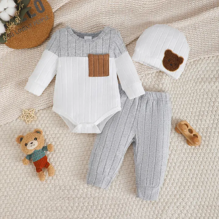 Grey and white color blocked teddy bear hat Ha Yi "newborn baby jumpsuit set for 1-18 months baby spring and autumn outdoor wear cute animal shaped children's clothing