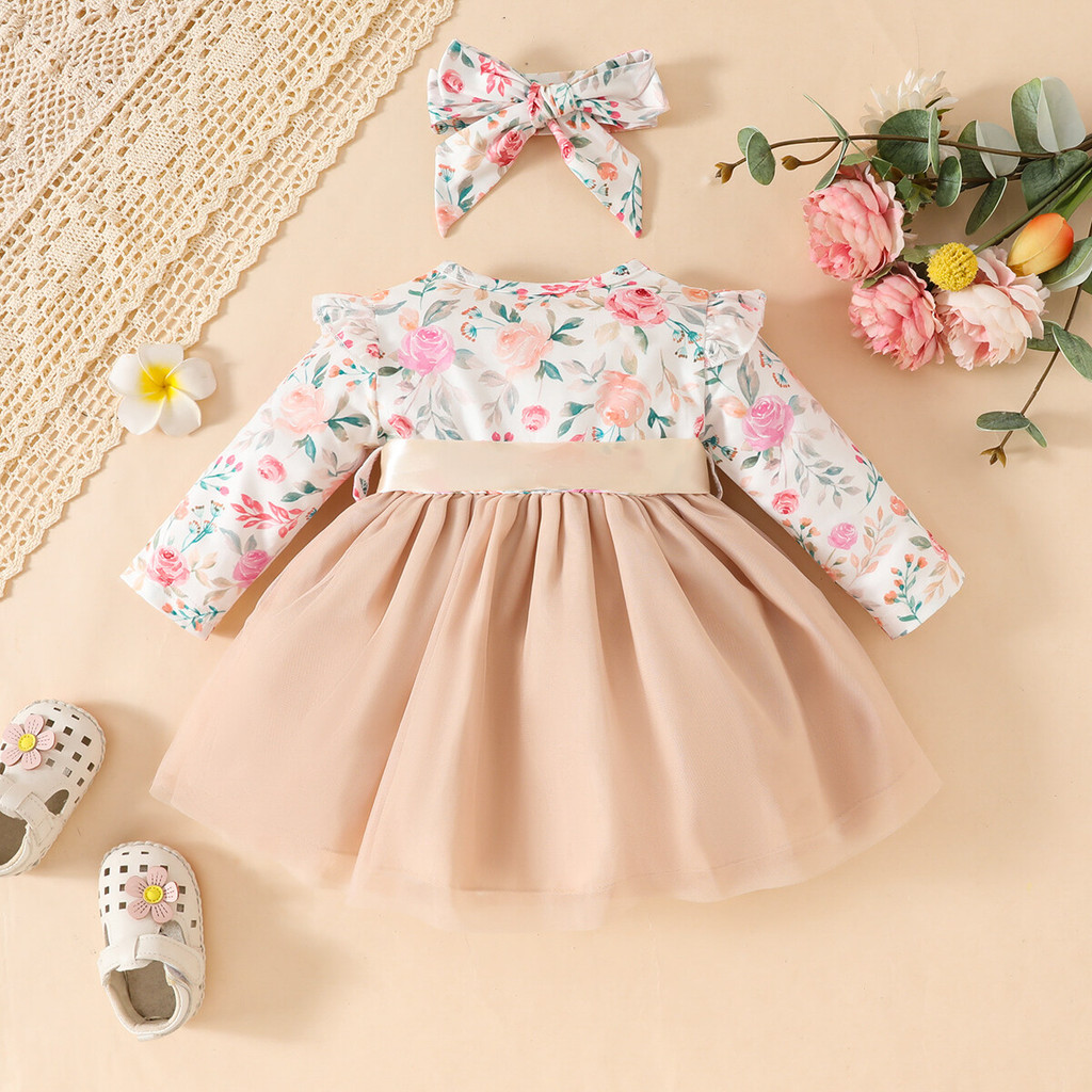 3-24Months Toddler Baby Girl Long Sleeved Floral Dress Apricot Fashion Dress with Headband Infant Baby Girl Cute Daily Wear