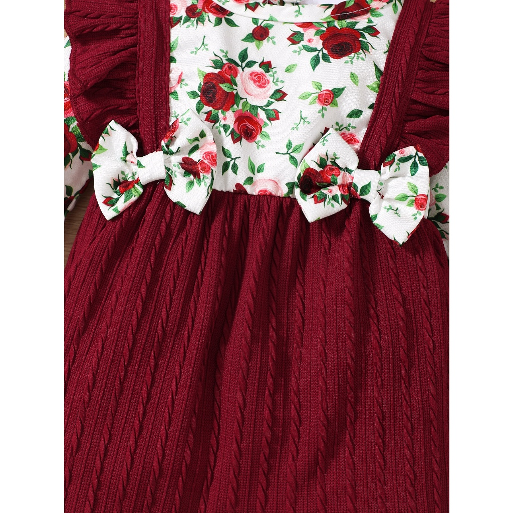 Baby Autumn/Winter Flower Set 0-18M Long Sleeve Top+Red Straps Ha Yi Bow Design Cute Princess Style Baby Crawler