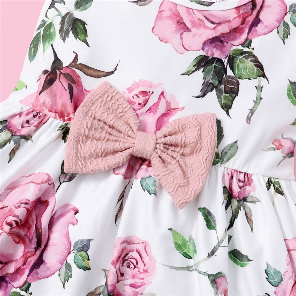 【9M-3Y】 2PCS Baby Girl Outfit: Pink Quilted Cardigan + Floral Sleeveless Dress with Bow Detail – Gentle Spring & Autumn Daily Party Set