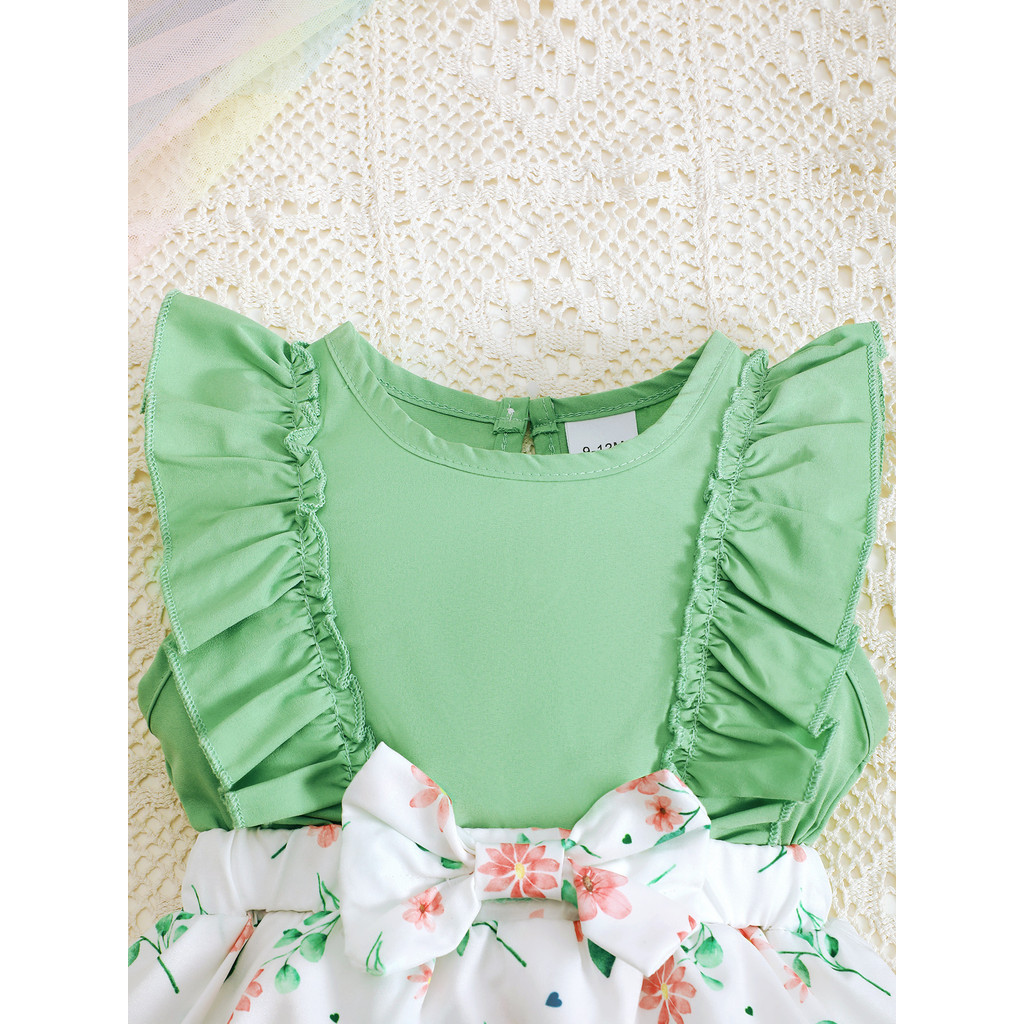 1-12Months Newborn Baby Bodysuit Set Sleeveless Ruffle Green Floral Skirt with Headwear Toddler Baby Girl Romper Fashion Cute Infant Baby Wear