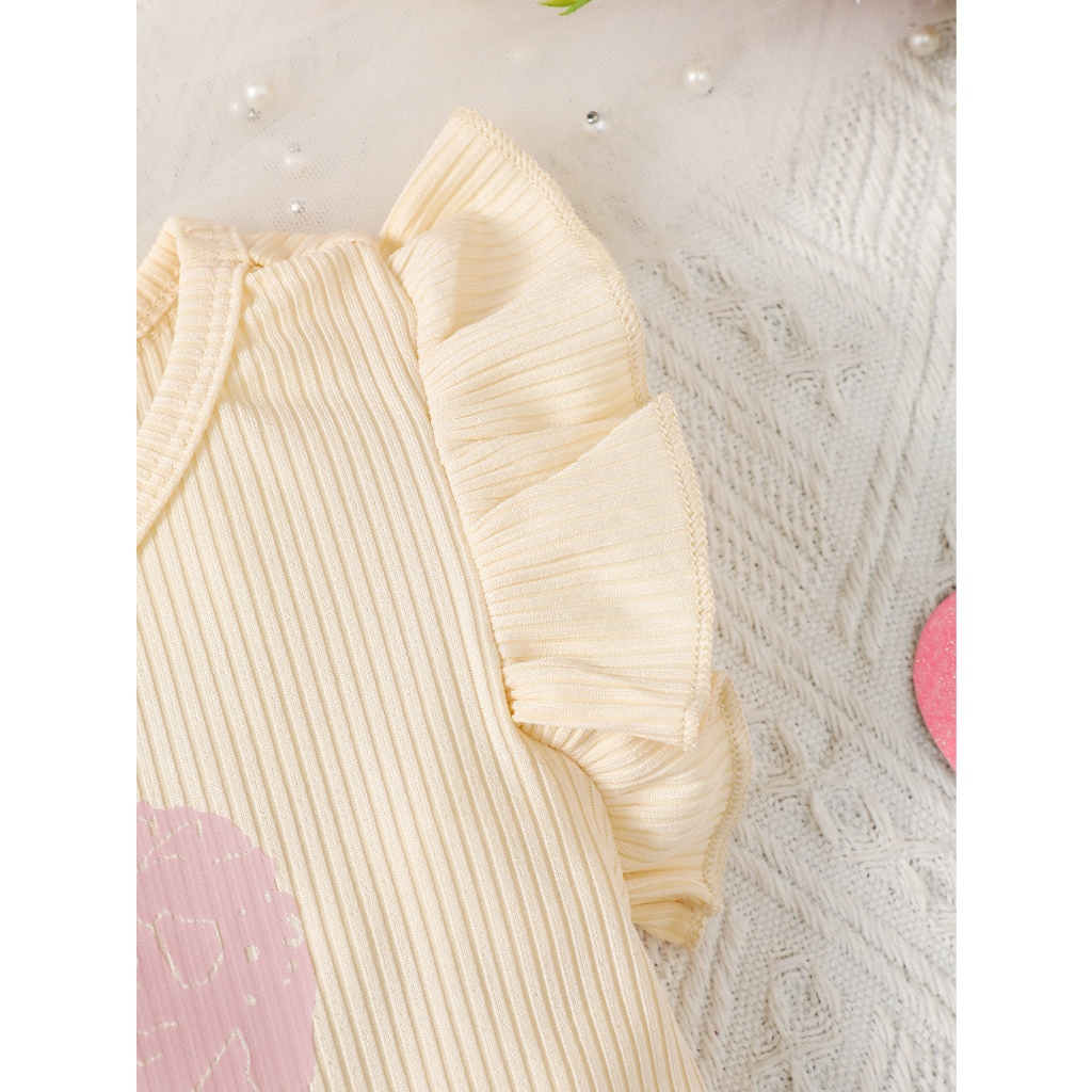 【2-5 Years Old】 Girl's Beige Ruffle Sleeve Top + Pink Shorts Set | Heart Print Sweet Two-Piece Outfit | Summer & Autumn Casual Wear