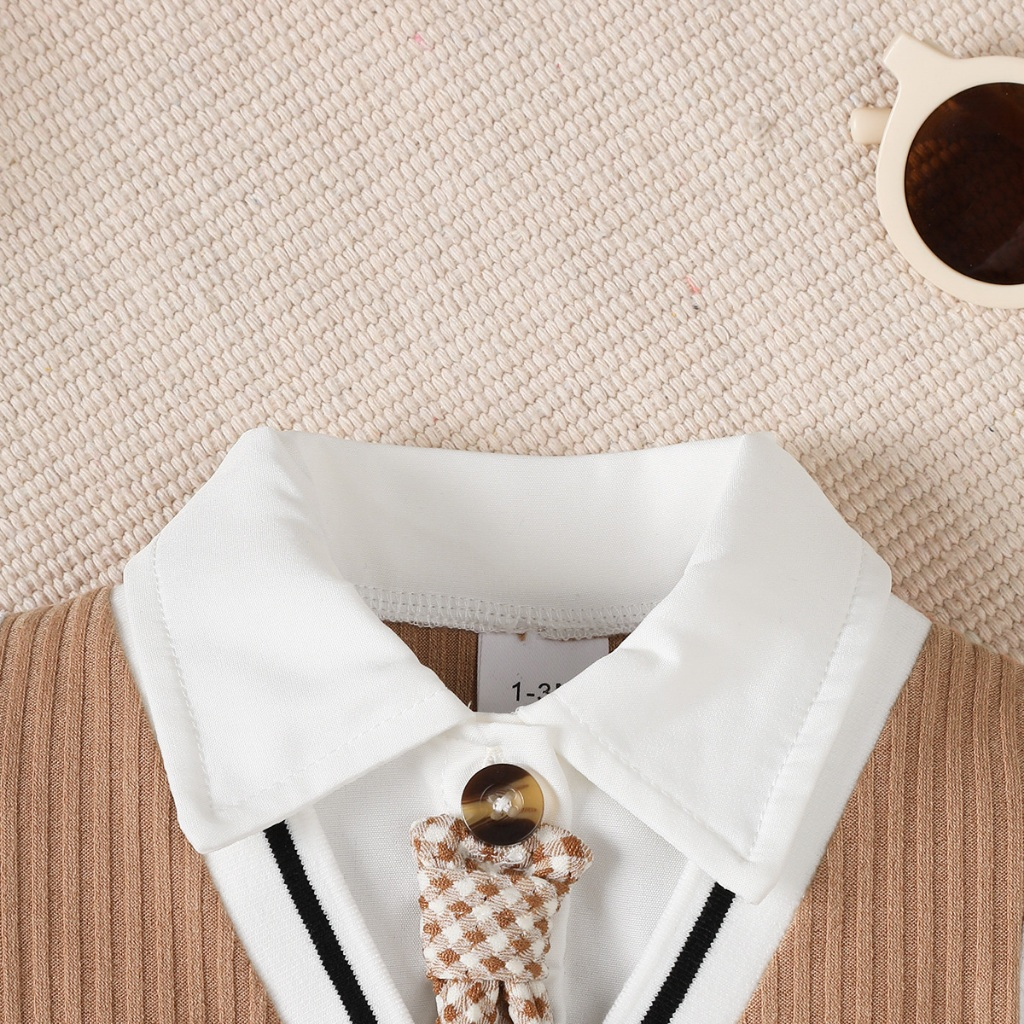【1-18M】 Boys' Gentleman Style Jumpsuit: Ribbed Romper with Collar, Fake Tie & Bear Embroidery – Newborn Full Moon Banquet Outfit