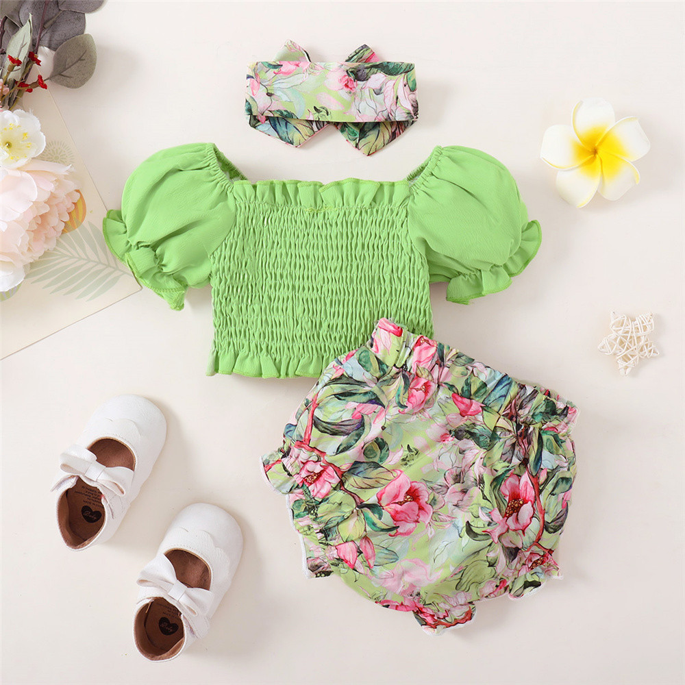 【3-24M】 3PCS Baby Girl Summer Outfit: Green Smocked Puff-Sleeve Top with Bow + Floral Print Bloomer Shorts + Matching Headband – Cute Pastoral Set