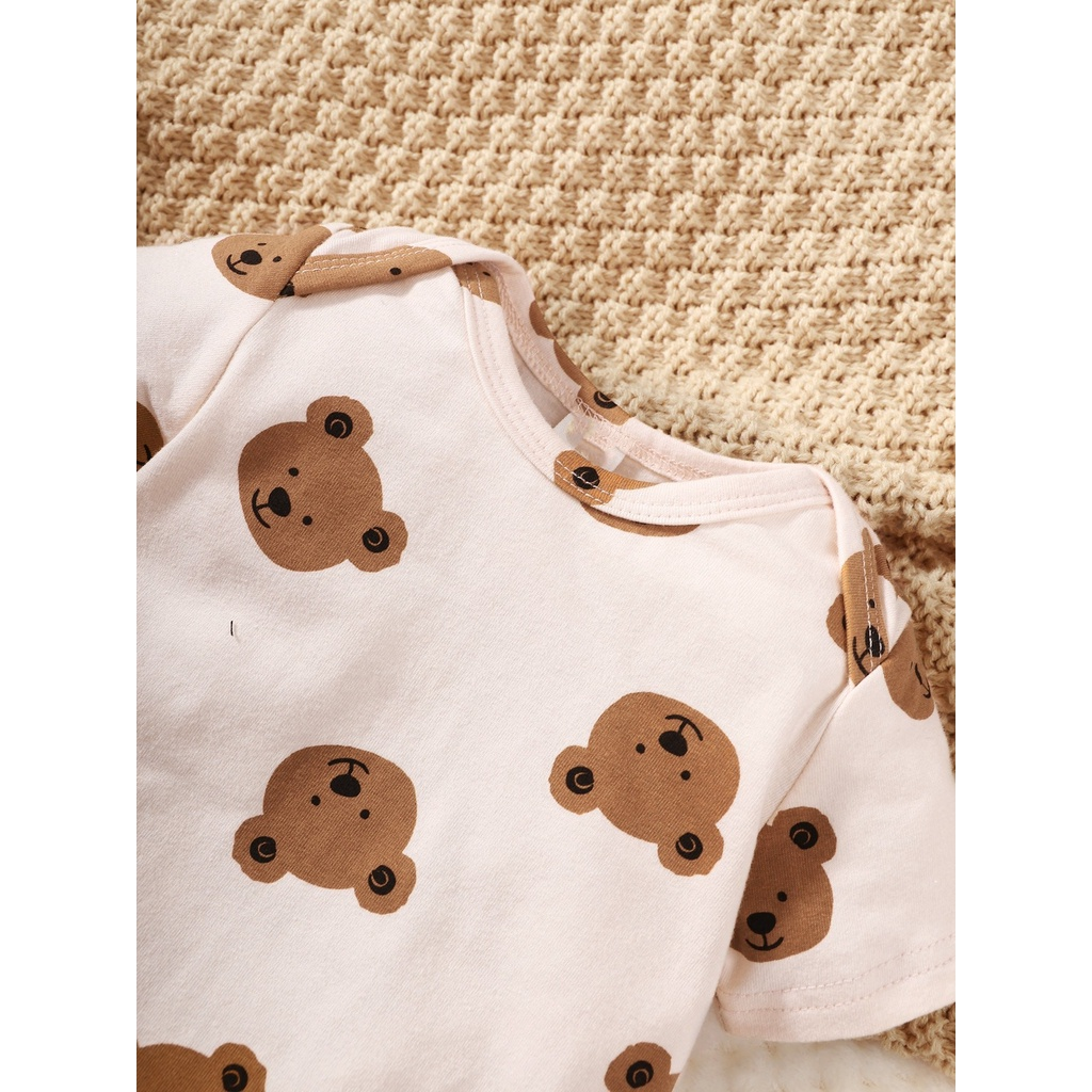 【0-9 Months】 Newborn Baby 4PCS Bear Print Outfit | Short-Sleeve Bodysuit + Solid Color Pants + Hat + Footies | Cute & Casual Daily Wear